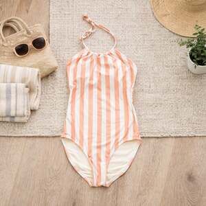 Lime Ricki Coral Pink & White Stripe Halter One Piece Swimsuit Small